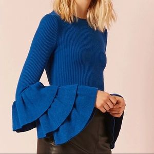 Blue Ribbed Trumpet-Sleeve Sweater
